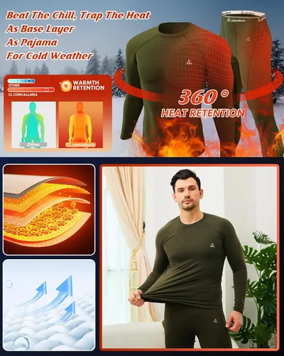 Vista 6 de CL convallaria Ropa interior térmica para hombre, ropa interior larga con forro polar, capa base para clima frío, XS-4XL