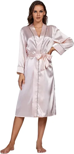 Vista 6 de LYANER Bata de baño de satén para mujer, kimono, dama de honor, novia, boda, fiesta, bata larga
