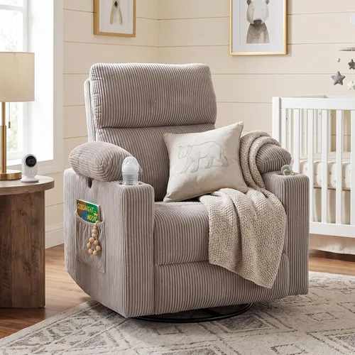 Vista 16 de Glider - Silla reclinable para guardería con reposabrazos ajustables, mecedora con masaje y calor, mecedora giratoria con reposacabezas ajustable