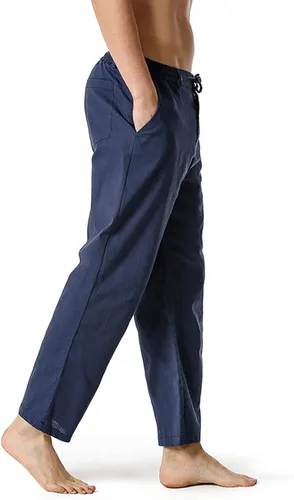 Vista 4 de Pantalones de trabajo para hombre, ligeros, de algodón y lino, para hombre, elásticos, sueltos, casuales, pantalones de cintura para hombre