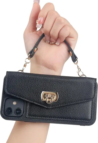 Vista 6 de LUVI Funda compatible con iPhone 13 con tarjetero para mujer con correa cruzada para el cuello, cordón, bolso de mano, correa de hombro de piel