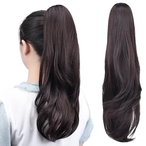 Vista 45 de Extensiones de cola de caballo, extensiones de cabello de cola de caballo con clip de garra marrón oscuro para mujer, pieza de cabello rizado
