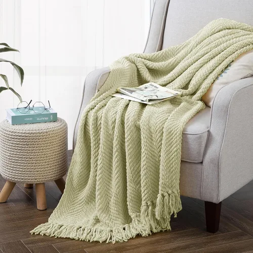 Vista 13 de Manta de punto suave con textura para sofá, manta de tweed crema con borlas de flecos para decoración del hogar, cama, sofá, silla, 50 x 60 Blanco