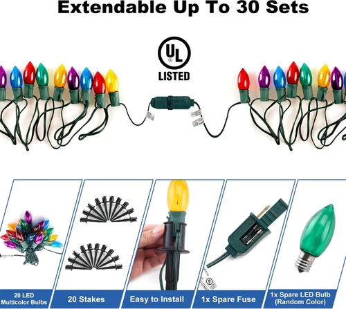 Vista 7 de C9 Luces de camino de Navidad para exteriores, 24.2 pies, 20 luces LED con estacas, luces de camino de Navidad impermeables conectables para patio