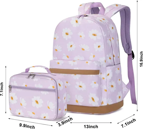 Vista 7 de Joyfulife Mochila para niñas con lonchera para niños, mochila para la escuela, ligera, resistente al agua, púrpura, (Daisy purple), Mochila
