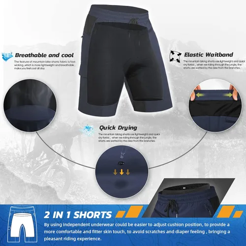 Vista 2 de Hiauspor Pantalones cortos acolchados de ciclismo de montaña para hombre, ajuste holgado, de secado rápido, para ciclismo con 5 bolsillos