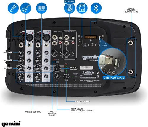 Vista 5 de Gemini ES-210MXBLU con bluetooth, sistema PA portable con mezclador de alimentación desmontable. Dual 10" PA with tripod stands - 6-channel