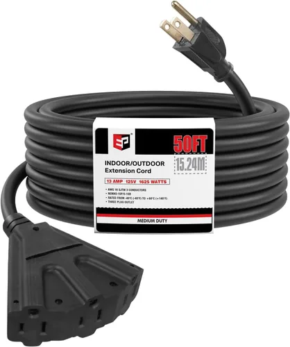 Vista 14 de EP Cable de extensión para exteriores de 6 pies, 16/3 SJTW, 3 tomas de corriente eléctrica, negro Enchufe a tierra de 3 puntas, para luces