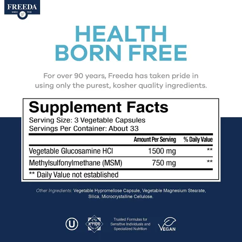 Vista 4 de Freeda Vegan Glucosamine MSM – Glucosamina Vegetariana HCl 1500 mg sin mariscos + MSM 750 mg para apoyo articular, flexibilidad y movilidad