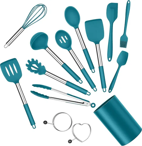 Vista 11 de E-far Juego de utensilios de cocina de silicona, 7 piezas de utensilios de cocina resistentes al calor con mango de acero inoxidable, espátula