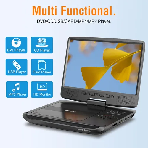 Vista 2 de MEGATEK Reproductor de DVD portátil de 12.5 pulgadas con pantalla de 10.5 pulgadas y auriculares, reproductor de DVD de coche para niños con soporte