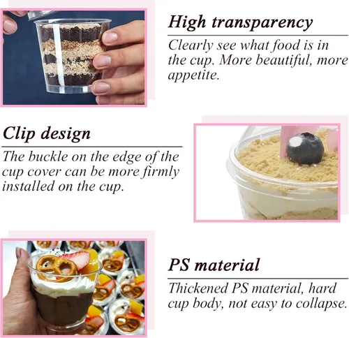 Vista 3 de Vasos de plástico transparente con tapas, 6oz-25 juegos de mini tazas de parfait sin agujeros, tapas de cúpula, tazas de parfait con tapas, vasos