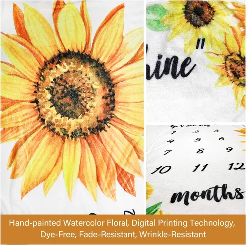 Vista 7 de Tebaby Manta mensual de hito para bebé niña, manta de girasol para recién nacido, regalo personalizado para ducha, decoración floral de guardería