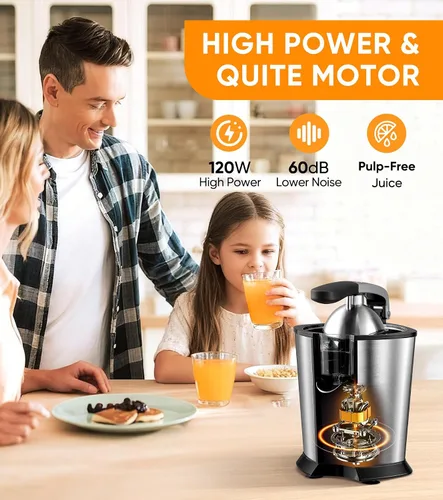Vista 3 de exprimidor de naranja eléctrico, exprimidor de cítricos con 2 conos y mango de agarre suave para exprimir sin esfuerzo, máquinas extractoras de jugo