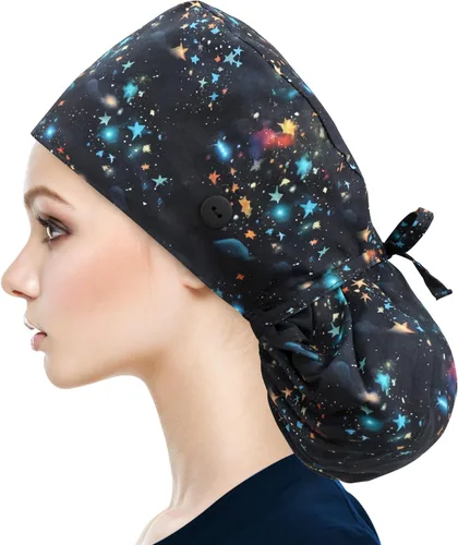 Vista 2 de QBA Gorra de trabajo ajustable con botón, gorro forrado de satén, gorro de trabajo de algodón, banda elástica para atar en la espalda, unisex