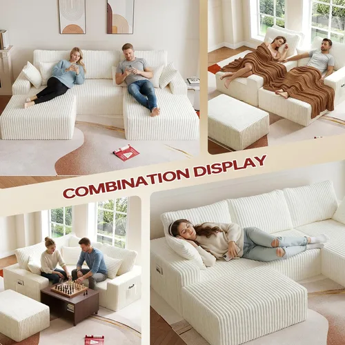Vista 6 de Sofá seccional en forma de U de 108 pulgadas con otomana, sofá seccional modular de pana con asiento profundo, sofá modular moderno en forma de L