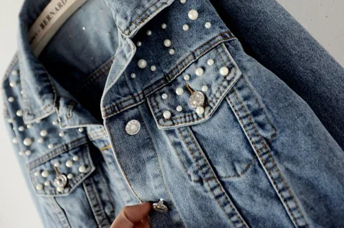 Vista 4 de LifeShe Chaqueta de mezclilla bordada con perlas para mujer