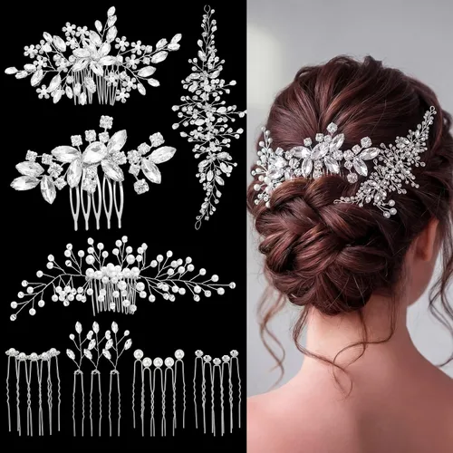Vista 5 de Maitys - 44 piezas de accesorios para el cabello de novia, estilo clásico Wedding Hair Clips for Prom, Silver Rhinestone U Pins, Faux Pearl Combs