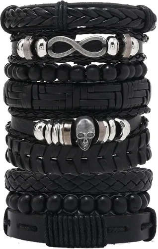 Vista 11 de Punk Leather Bracelet for Men Women Leather 8-10 PCS Braided Cuff Bracelet Multilayer Leather Bracelet A-01