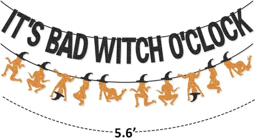 Vista 3 de Guirnalda de pancarta con texto en inglés "It's Bad Witch O'Clock para decoraciones de despedida de soltera de Halloween