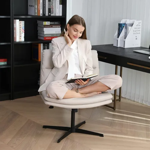 Vista 2 de EMIAH Silla de escritorio de oficina sin ruedas, acolchada en PU, con respaldo medio ergonómico para el hogar, silla de computadora cómoda