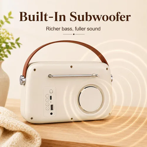 Vista 6 de Altavoz Bluetooth vintage con radio FM, caja de auge inalámbrica portátil, más de 20 horas de duración de la batería, radio retro