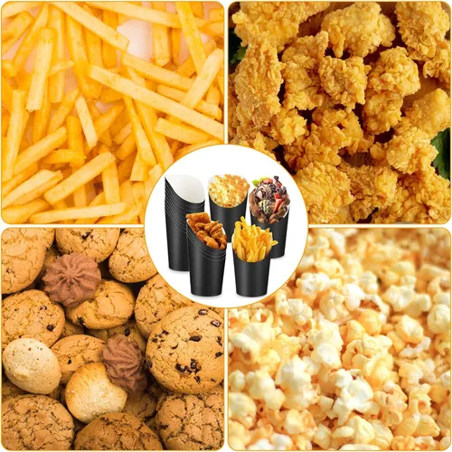 Vista 4 de Potchen 100 tazas de papas fritas de 14 onzas, papel negro, soportes para papas fritas, caja de palomitas de maíz, conos de gofre, para fiestas
