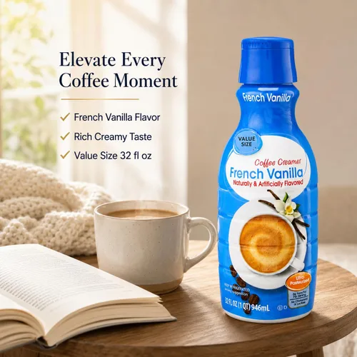 Vista 2 de Crema de café de vainilla francesa, botella de 32 onzas líquidas, crema líquida dulce y cremosa para café con cuchara de gemas de café D.A.