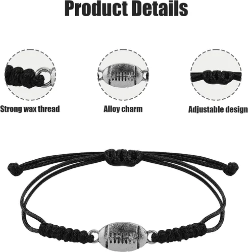 Vista 4 de Pulsera de cuerda deportiva trenzada ajustable con decoración colgante de fútbol para mujeres, jugadores de equipo, Metal Plata