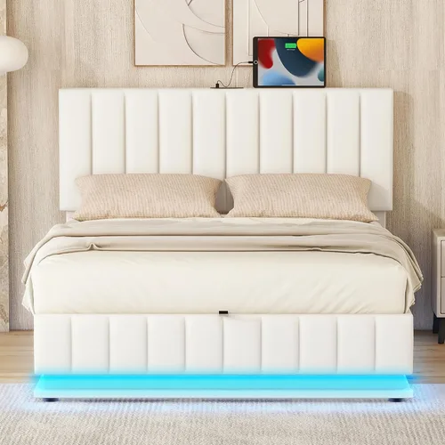 Vista 26 de Cama de plataforma de madera tamaño individual con luz LED integrada, cabecera de almacenamiento y barandilla, dormitorios adecuados para niños