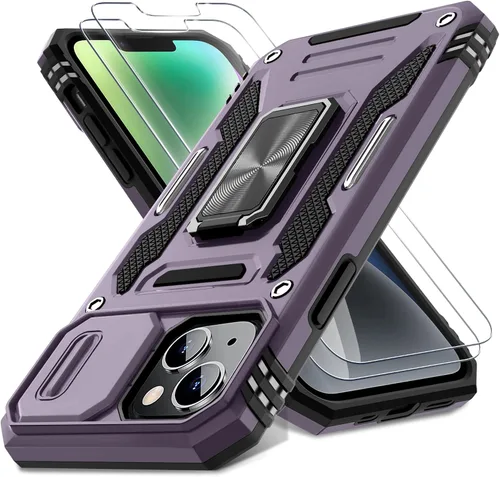 Vista 11 de DEERLAMN Funda para iPhone 13/iPhone 14 de 6.1 pulgadas con cubierta deslizante para cámara + protector de pantalla (2 paquetes), soporte de anillo