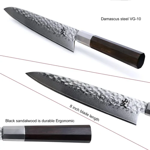 Vista 9 de SAMCOOK - Cuchillo de chef japonés – Cuchillo de cocina profesional de 8 pulgadas con acabado martillado de Damasco, cuchillo de cocina de acero