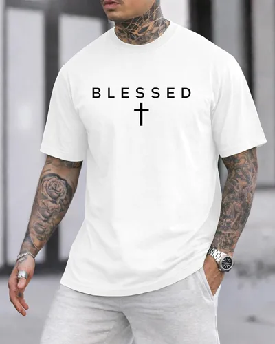 Vista 2 de KUYIGO Camiseta con estampado de cruz bendecida para hombre Blanco