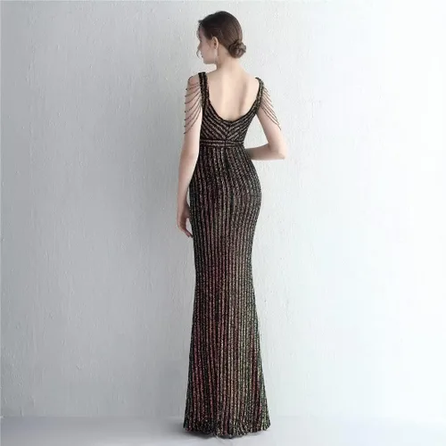 Vista 2 de Mordarli Vestidos de fiesta con lentejuelas en la espalda para mujer, con abertura, vestidos formales largos, vestidos de noche de espaguetis