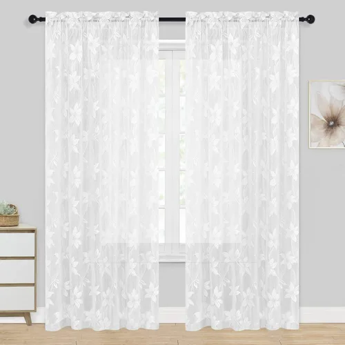 Vista 37 de DWCN Paquete de 2 cortinas traslúcidas pequeñas de encaje floral beige para cocina, cortinas traslúcidas ligeras con bolsillo para barra, cortinas
