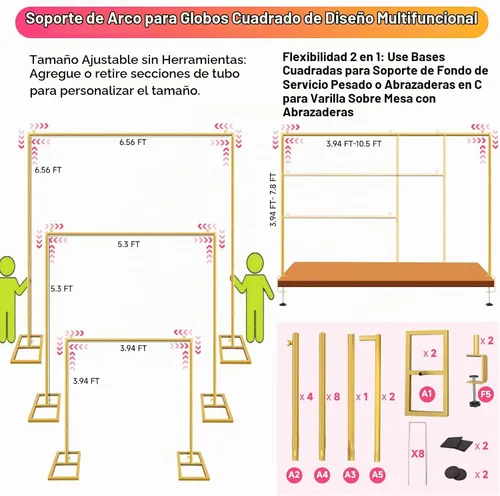 Vista 2 de Soporte Cuadrado para Telón de Fondo, Arco de Boda Soporte Ajustable Resistente, Soporte de Barra Sobre la Mesa con Abrazaderas, Marco de Globo
