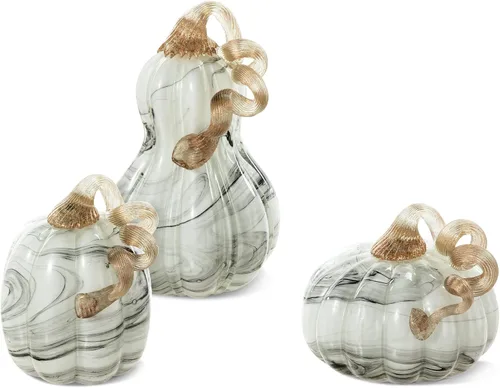 Vista 12 de Glitzhome Calabaza de cristal soplada a mano 3pcs Calabaza de cristal de otoño, azul/blanco