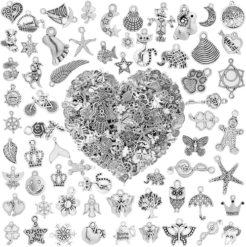 Vista 10 de 500 PCS Dijes para Fabricación de Joyas, Surtidos de Oro, Plata y Esmalte Dijes Lindos para Pulseras DIY, Collares, Aretes, Llaveros y Proyectos