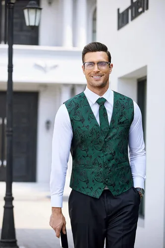 Vista 4 de COOFANDY Conjunto de 3 piezas de chaleco de cachemira para hombre, chaleco formal, chaleco esmoquin con bolsillo cuadrado