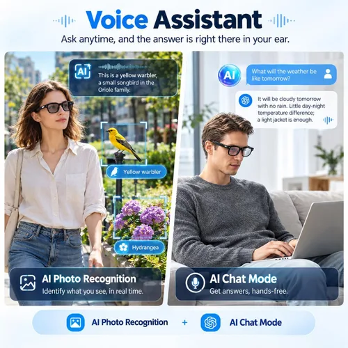 Vista 3 de Lentes inteligentes AI con cámara de 13 MP, audio Bluetooth, control de voz y traducción en tiempo real, gafas inteligentes de oreja abierta