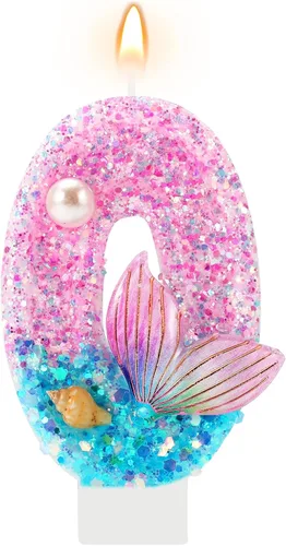 Vista 15 de Velas de cumpleaños, velas rosas y moradas del número 0 decoradas con caracolas, estrellas de mar y perlas para fiesta temática de sirena Morado