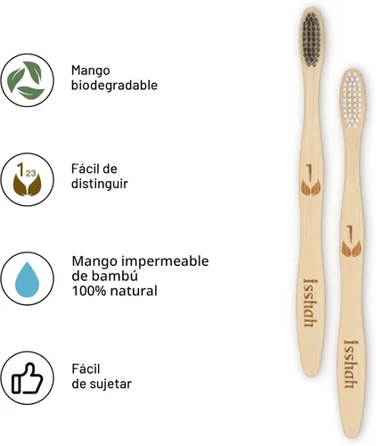 Vista 2 de Isshah Cepillos de dientes de carbón de bambú natural biodegradables, ecológicos, certificado FSC y aprobado por PETA, 12 unidades Aprobado por