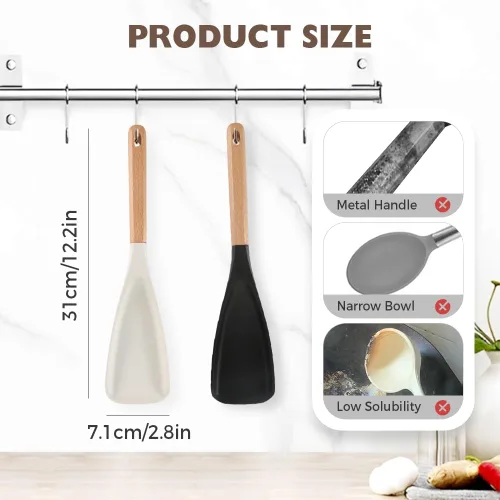Vista 2 de Cuchara de espátula multifunción, espátula de ensalada de silicona de 12.2 pulgadas con mango de madera, utensilios de cocina de silicona