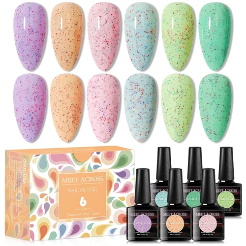 Vista 9 de MEET ACROSS Jelly Eggshell - Juego de 6 esmaltes de uñas de gel, color rosa, verde, morado, esmalte de gel agrietado, colección de macarrones