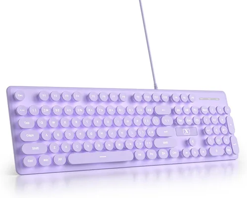 Vista 8 de Teclado de máquina de escribir retro con cable, teclado silencioso de computadora iluminado con 104 teclas redondas de tamaño completo, Azul