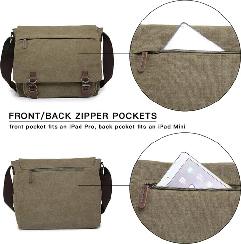 Vista 3 de Bolso bandolera grande de lona vintage para laptop de 15 pulgadas