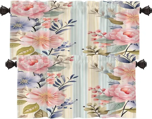 Vista 126 de Shrahala Beige and Orange Abstract Art Brushstrokes Blackout Curtain Tiers, Abstract Oil Paint Kitchen Valance Light Blocking Tier Drapes with Rod