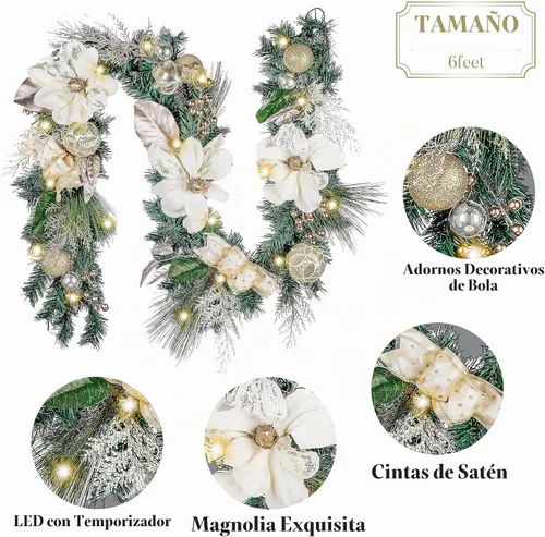 Vista 6 de Valery Madelyn Guirnalda de Navidad preiluminada de 6 pies (1.8 m) con luces para repisa, guirnalda de Navidad iluminada para exteriores con bolas