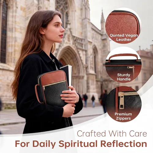 Vista 5 de Funda para la Biblia, funda para libro de la Biblia para mujeres y hombres, funda de transporte de lona, protector de libros acolchada de cuero
