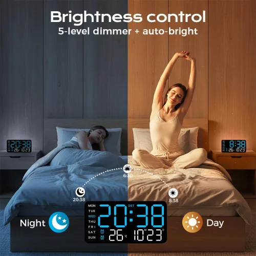 Vista 4 de Reloj de pared digital LED decorativo multifuncional, reloj digital grande que muestra la hora, fecha, temperatura, ajuste automático de brillo